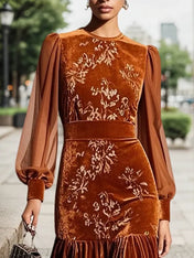 Caramel Mesh Velvet Crew Neck Long Sleeve Balloon Sleeve Mermaid Midi Dress