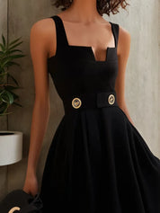 Black Buckle Notched Sleeveless A-Line Midi Dress