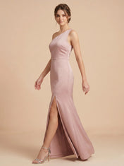One-Shoulder Satin Mermaid Bridesmaid dresses with Dramatic Thigh-High Side Slit