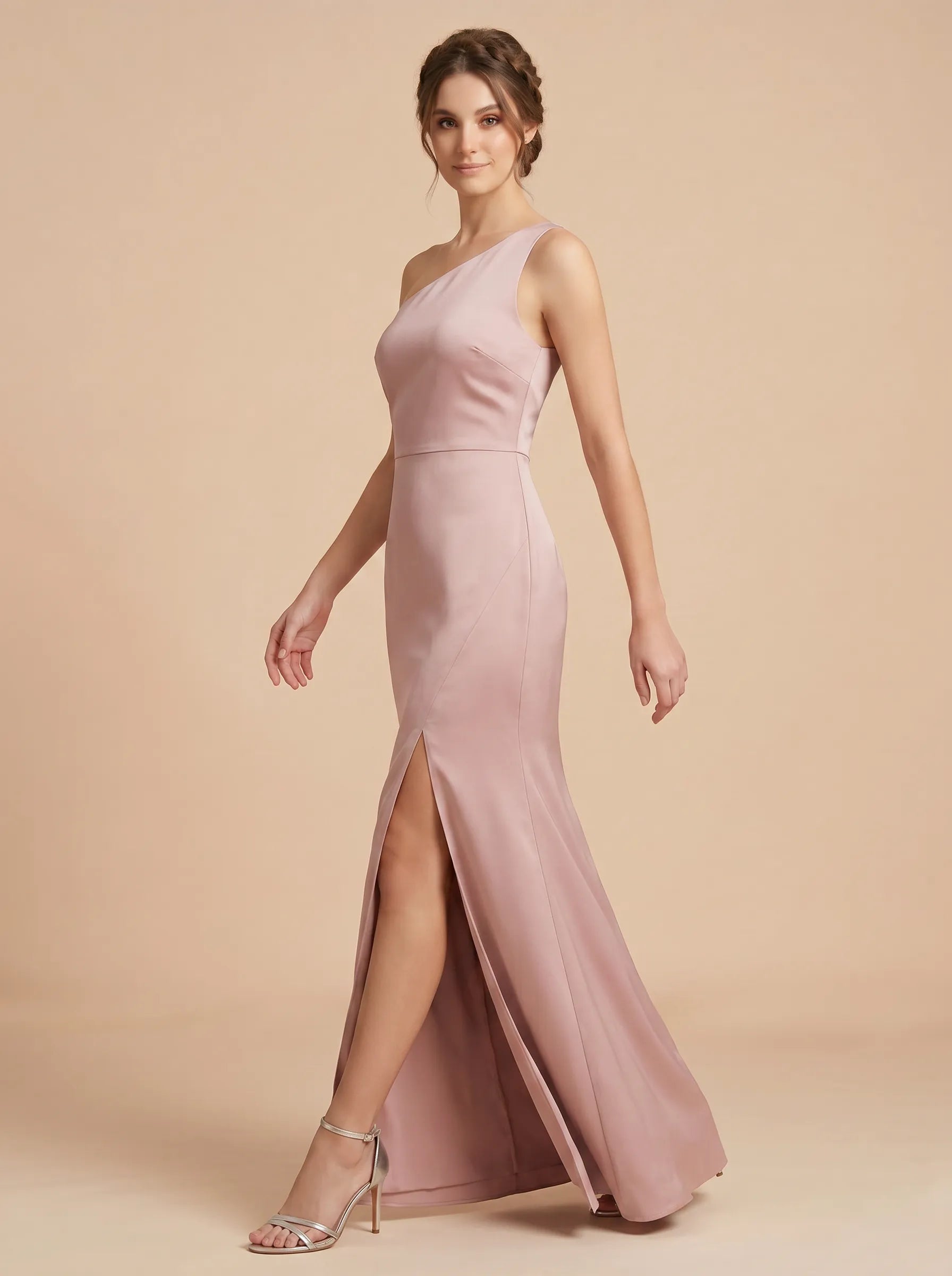One-Shoulder Satin Mermaid Bridesmaid dresses with Dramatic Thigh-High Side Slit