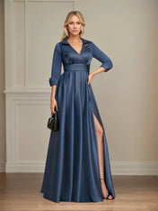 A-line V-Neck Collared Floor-Length Satin Mother of the Bride Dress With Beading 3D Floral Sequins Pleated