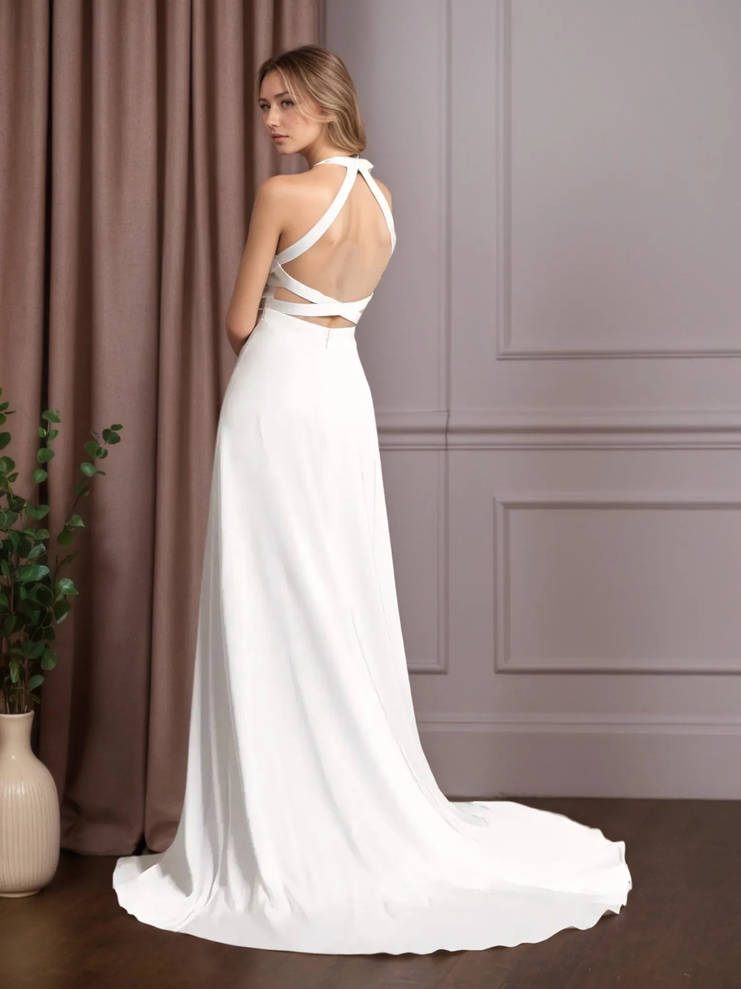 White A-Line Side Slit Stretch Satin Wedding Dress