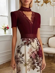 Wine Red Lace Floral Satin V Neck Short Sleeve A-Line Maxi Dress