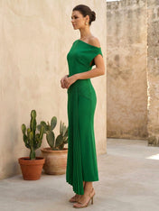Green One Shoulder Tea Length Satin Evening Dress with Pleat