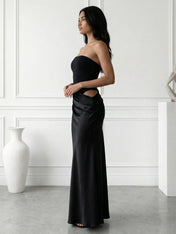Black Hollowed Strapless Mermaid Maxi Dresses with Pleat