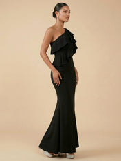 Elegant One-Shoulder Ruffle Mermaid Maxi Dress in Black