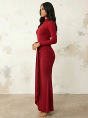 Burgundy Long Sleeves Mermaid Satin Maxi Dress Tea Length