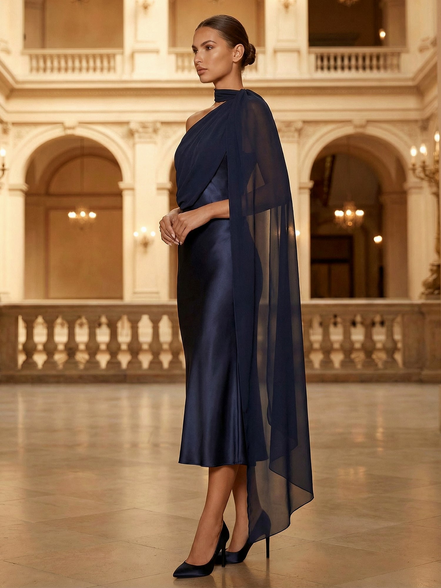 Navy Blue One Shoulder Chiffon Cape Midi Dress Satin Sheath Evening Gown
