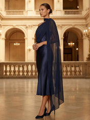 Navy Blue One Shoulder Chiffon Cape Midi Dress Satin Sheath Evening Gown