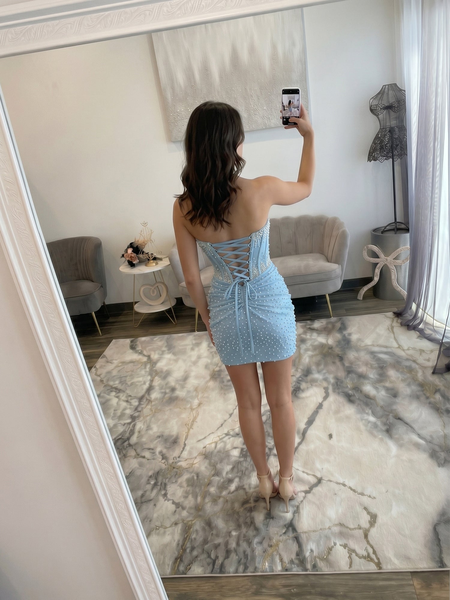 Light Blue Pearl-Embellished Ruched Corset Homecoming Dress