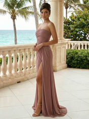 Dusty Rose Strapless Maxi Dresses with Slit A Line Evening Dress