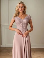 A Line Satin Short Sleeve Floor Length Mother of the Bride Dress with Lace