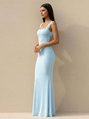 Regular Straps Light Blue Maxi Dresses for Women Mermaid Backless Evening Dress