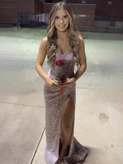 Sparkly Mermaid Strapless Corset Sequins Long Prom Dress with Slit