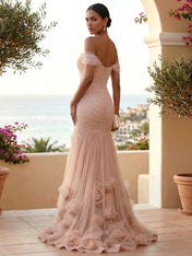Sweetheart Tulle Off the Shoulder Pleat Mermaid Evening Dresses with 3D Flower
