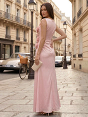 Sleeveless Satin Sheath Evening Gown with 3D Floral Rosettes and Side Slit