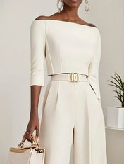 Women White Off The Shoulder Half Sleeve Dressy Jumpsuit