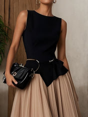 Light Khaki Dressy Ruffled Boat Neck Top with Skirt Two-Piece Set With Belt