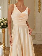 Champagne Ruched Slit Satin V Neck Sleeveless A-Line Maxi Bridesmaid Dress
