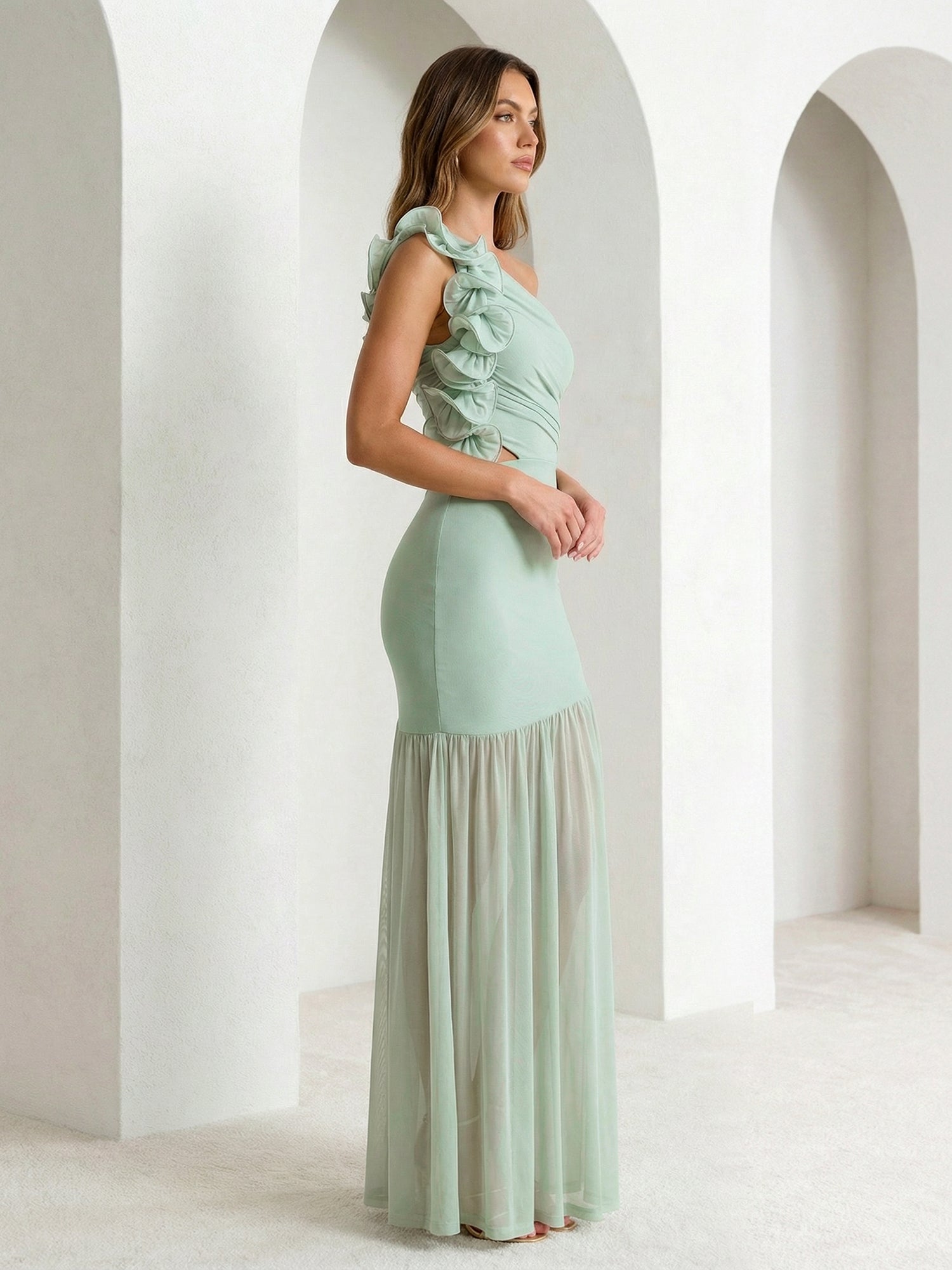 Sage Green One Shoulder Maxi Dress Prom Dress with 3D Flower