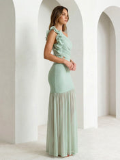 Sage Green One Shoulder Maxi Dress Prom Dress with 3D Flower