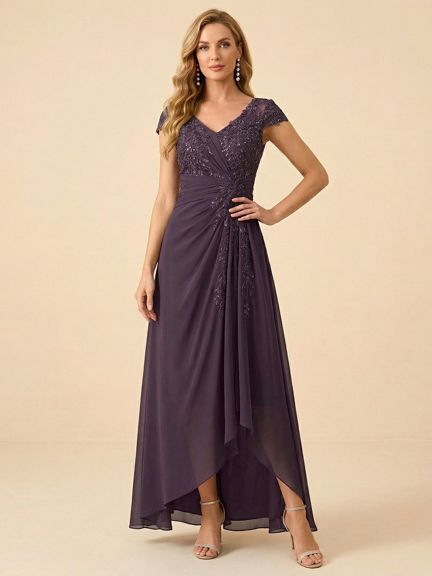 Purple V-Neck High-Low Mother of the Bride Dress with Appliques