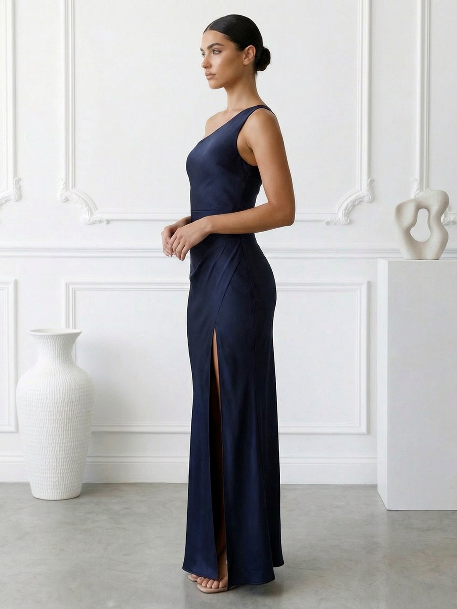 Navy Blue One Shoulder Mermaid Maxi Dress with Slit