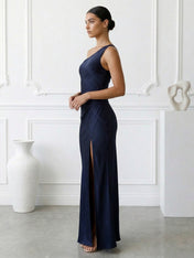 Navy Blue One Shoulder Mermaid Maxi Dress with Slit