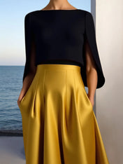 Evening Formal Dress Golden A-Line Crew Neck Satin Maxi Dress