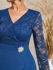 Women Blue Lace V Neck Three Quarter Sleeve Mother of the Bride or Groom Top With Pants Two-Piece Set