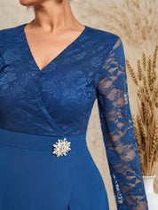 Women Blue Lace V Neck Three Quarter Sleeve Mother of the Bride or Groom Top With Pants Two-Piece Set