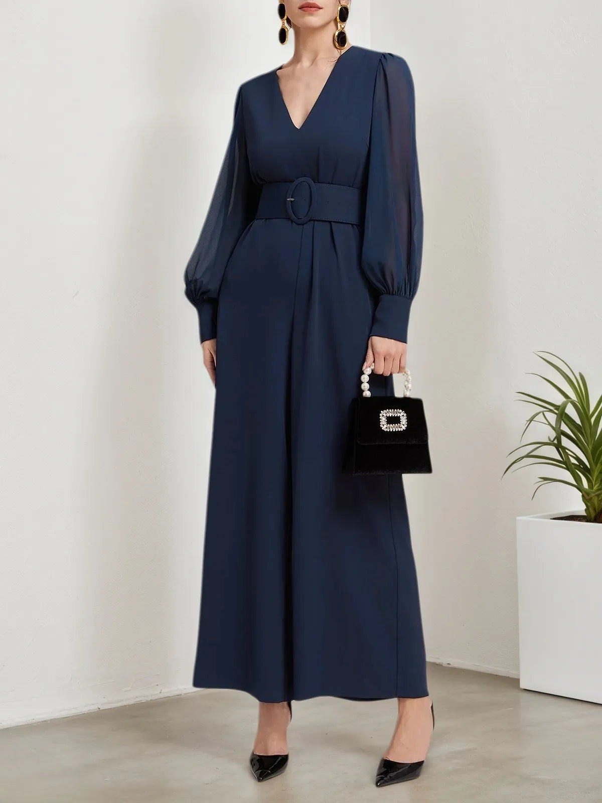 Dark Blue Mesh V Neck Balloon Sleeve Chiffon Wide-Leg Jumpsuit