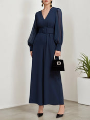 Dark Blue Mesh V Neck Balloon Sleeve Chiffon Wide-Leg Jumpsuit