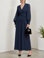 Dark Blue Mesh V Neck Balloon Sleeve Chiffon Wide-Leg Jumpsuit