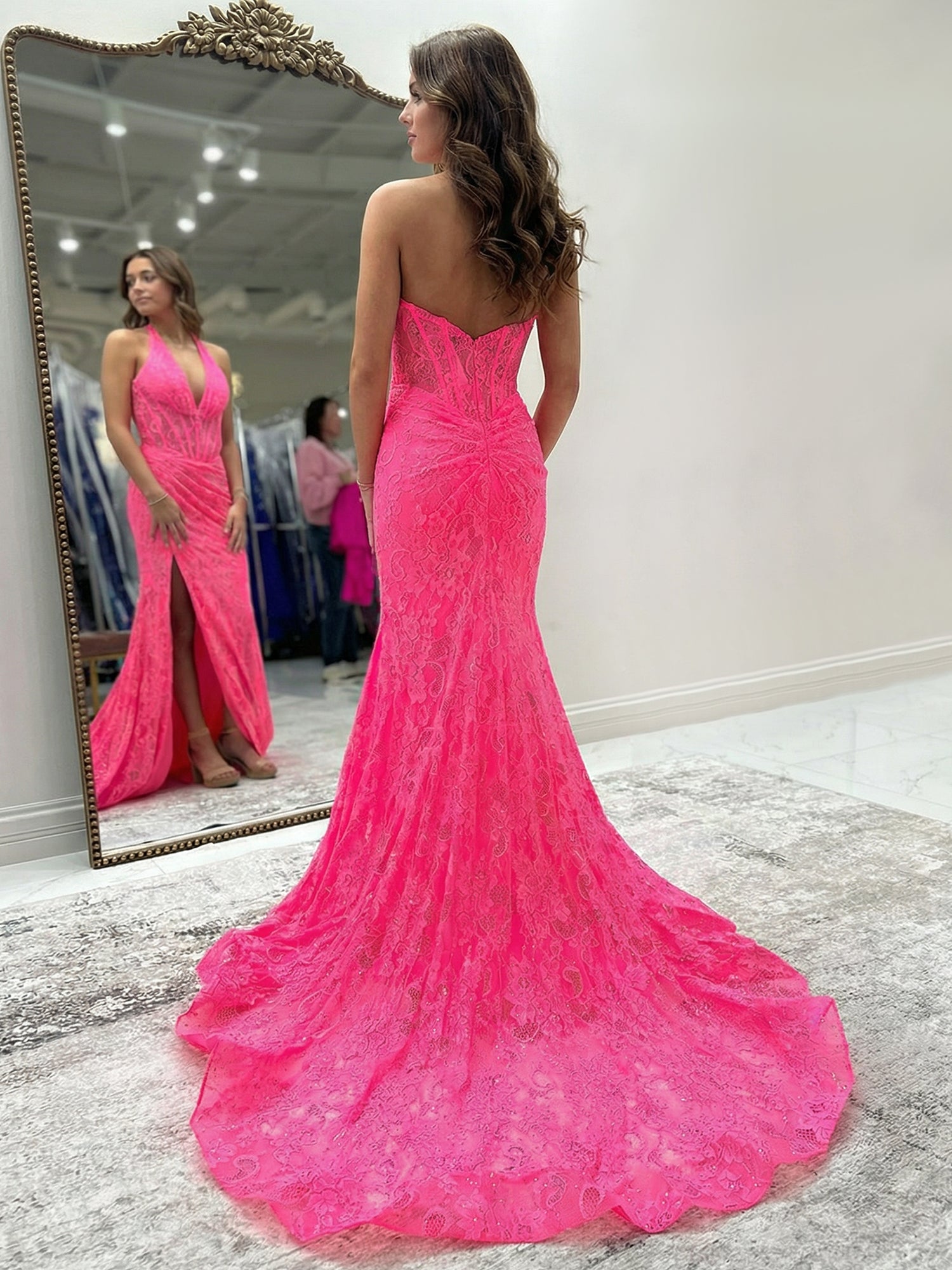 Black Mermaid Lace Halter Long Prom Dress with Slit