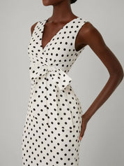 White Bow Printing Classic V Neck Sleeveless Sheath Midi Dress