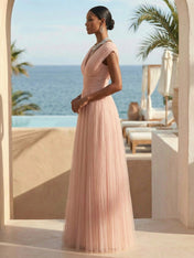 Pink V Neck A Line Regular Straps Tulle Maxi Dresses for Women Backless