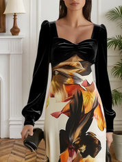 Black Ruched Split Joint Classic Sweetheart Neckline Long Sleeve Balloon Sleeve A-Line Maxi Dress