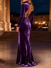 Purple Mermaid High Neck Long Velvet Holiday Party Dress