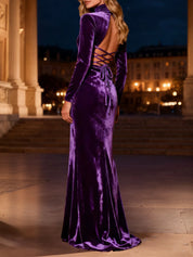 Purple Mermaid High Neck Long Velvet Holiday Party Dress