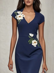 Purplish Blue Embroidery Applique Sheath Midi Dress