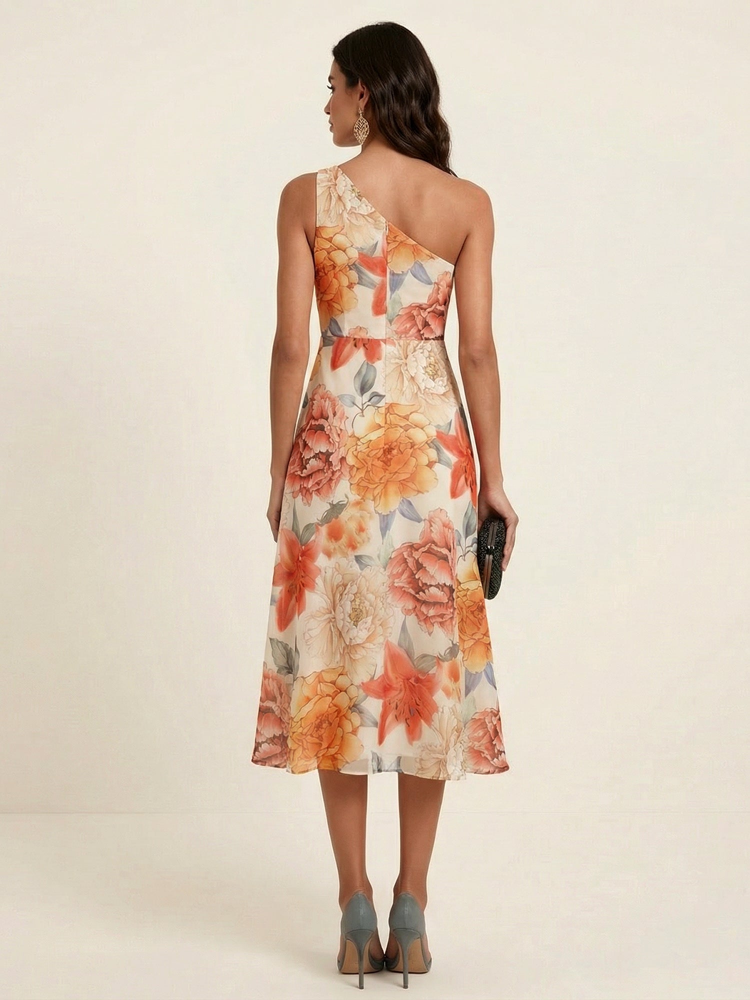 Elegant One-Shoulder Floral Print Ruched Tea-Length Evening Dresses