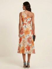 Elegant One-Shoulder Floral Print Ruched Tea-Length Evening Dresses
