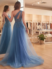 Blue A Line One Shoulder Long Corset Prom Dress With Slit