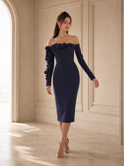 Off-the-Shoulder Navy Blue Crepe Evening Dresses with 3D Floral Applique Sleeve
