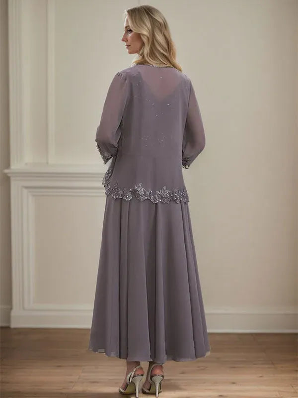 Robe de mère de la mariée trapèze en mousseline de soie, col en V, longueur cheville, avec appliques à paillettes et perles en dentelle 