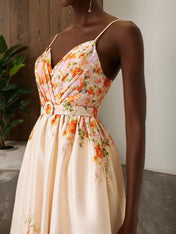 Beige Floral Satin Spaghetti Sleeveless A-Line Midi Dress