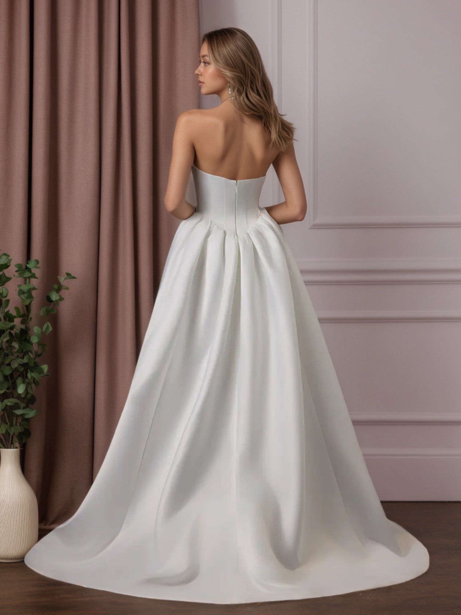 White A Line Strapless Satin Wedding Dress