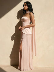 Strapless Satin Maxi Dresses with Scarf A Line Slit Evening Dress