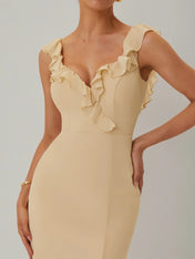 Apricot Ruffled Prom Dress Lotus Leaf Collar Sleeveless Mermaid Maxi Bridesmaid Dress